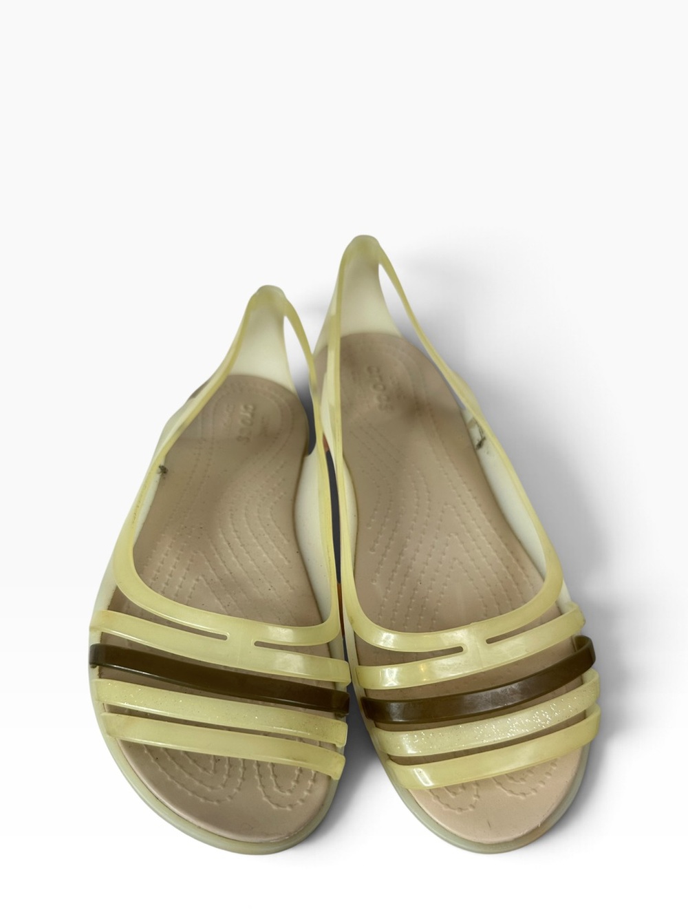 Crocs Isabella Strappy Flat Slingback Jelly Sandals Beige Tan Gold Glitter Size